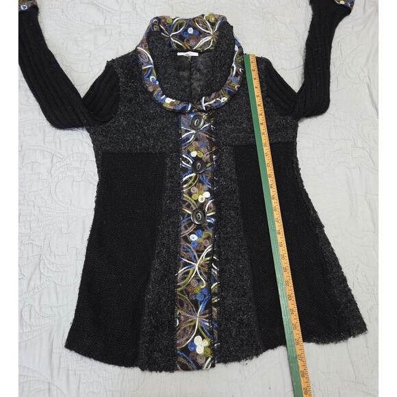 Sioni Woman's UNIQUE Mohair Wool Blend Embroidered Black Cardigan Sweater Size M - Picture 6 of 8